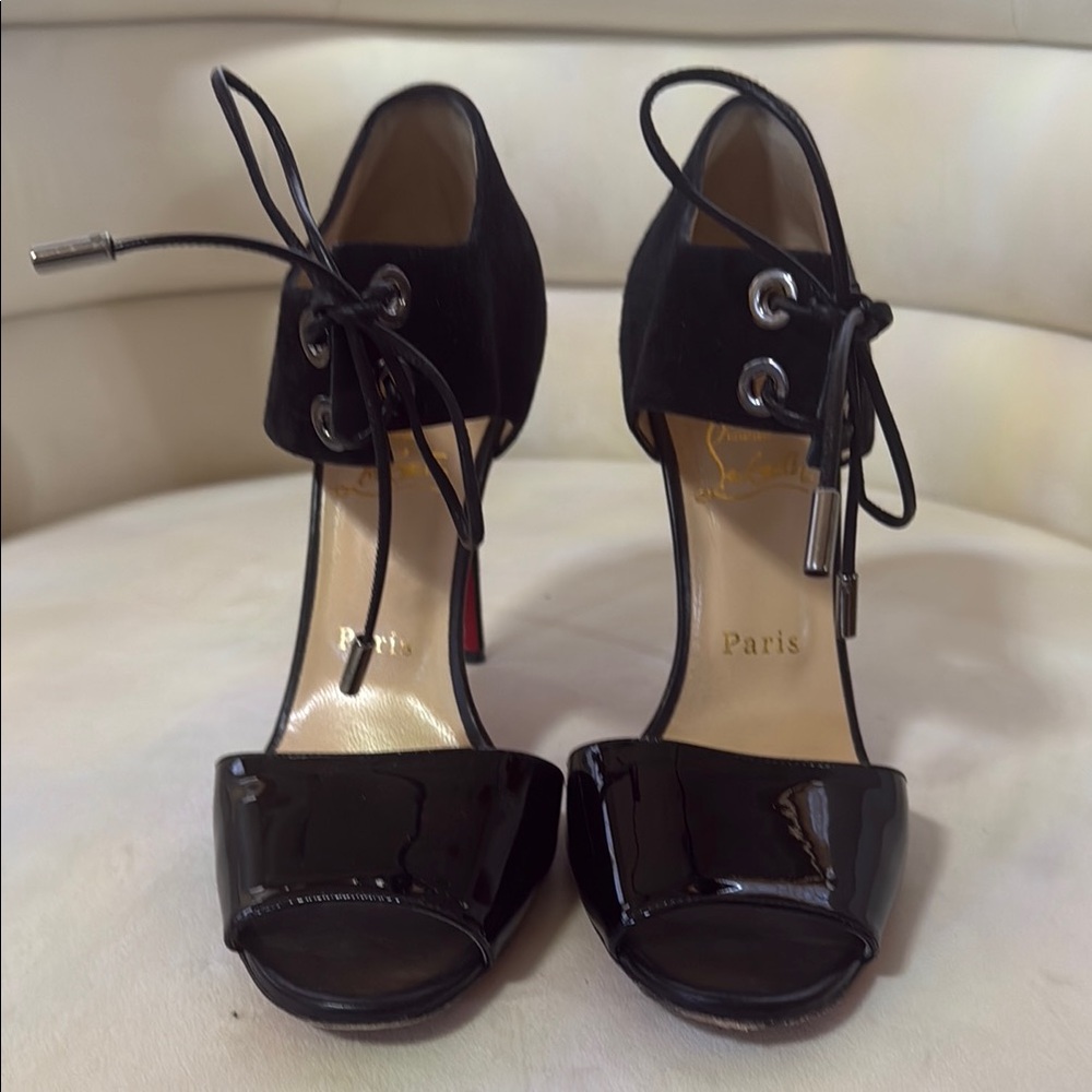 Christian Louboutin Black Patent Leather Heels with Peep-Toe Design